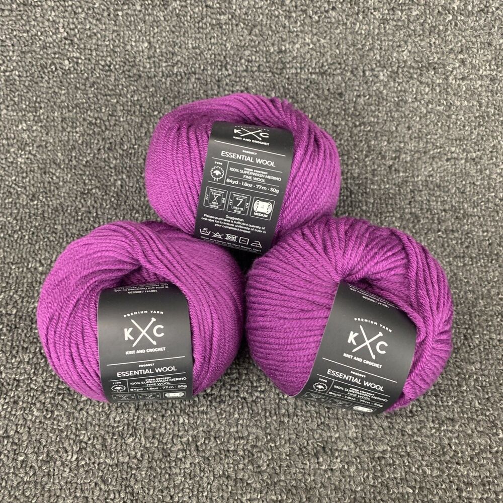 NEW K+C Essential Wool Deep Orchid Yarn Lot Of 3 Superwash Merino Purple